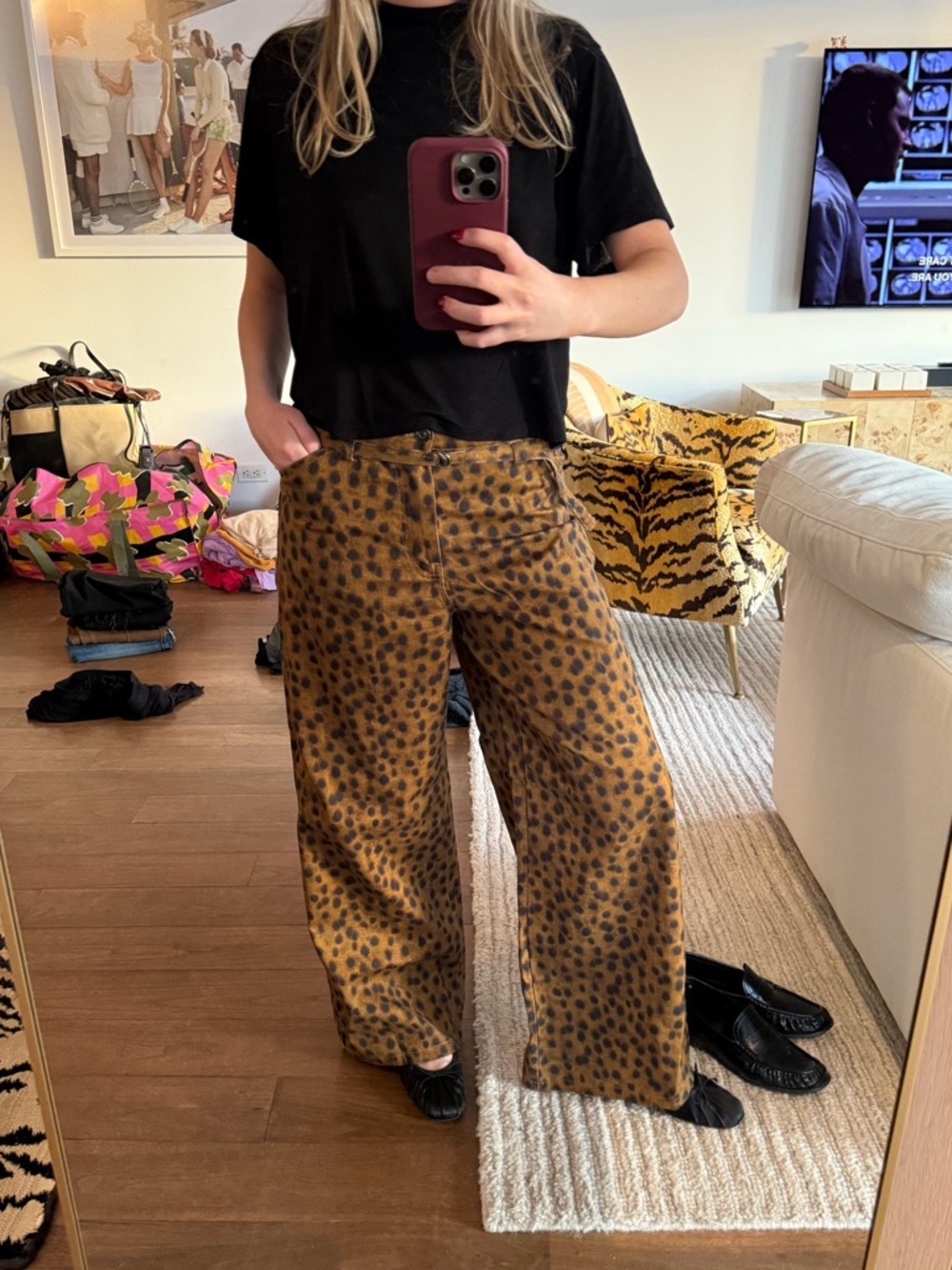 Wide-Leg Leopard Print Jeans - Tan